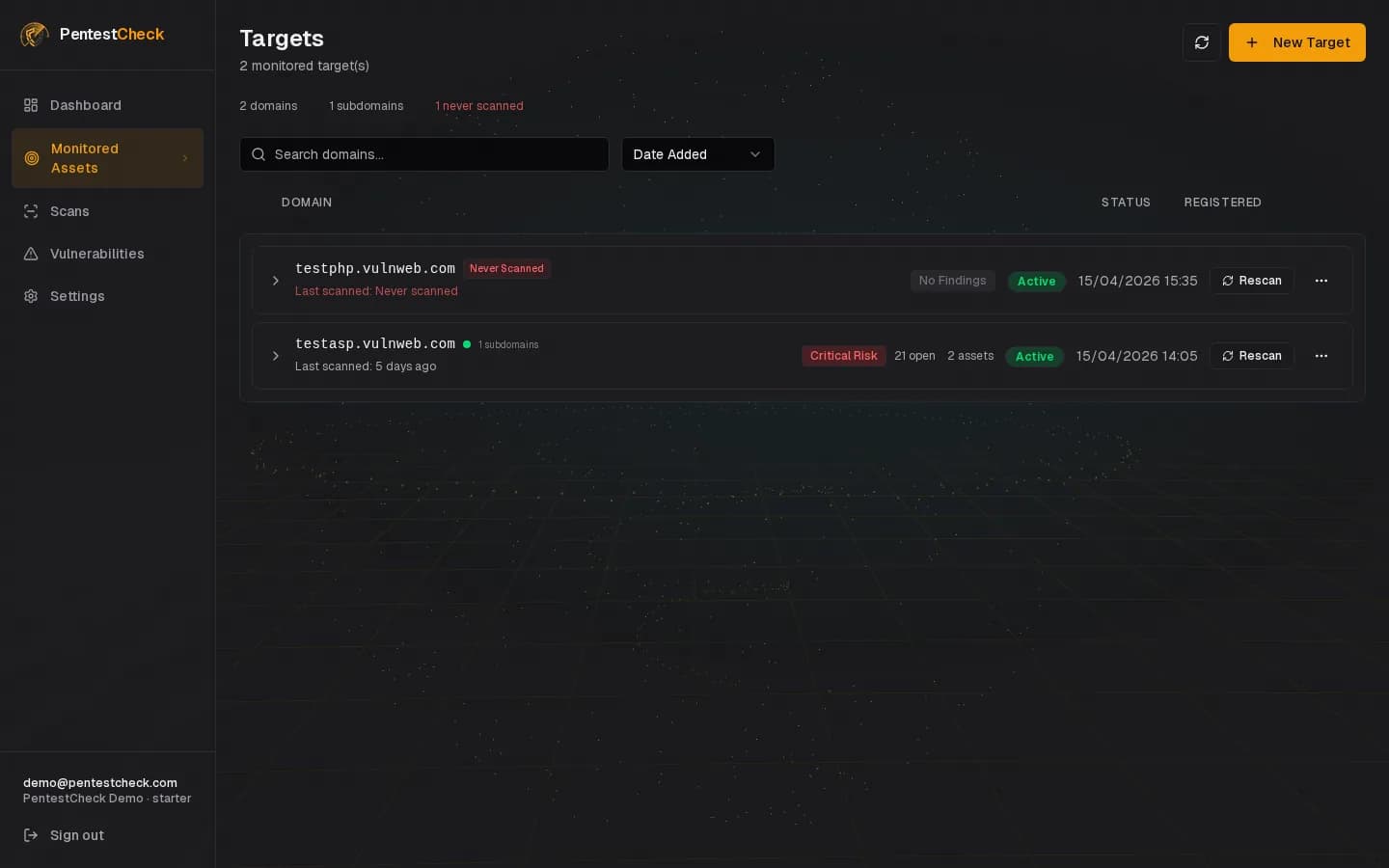 Register Your Targets — PentestCheck screenshot