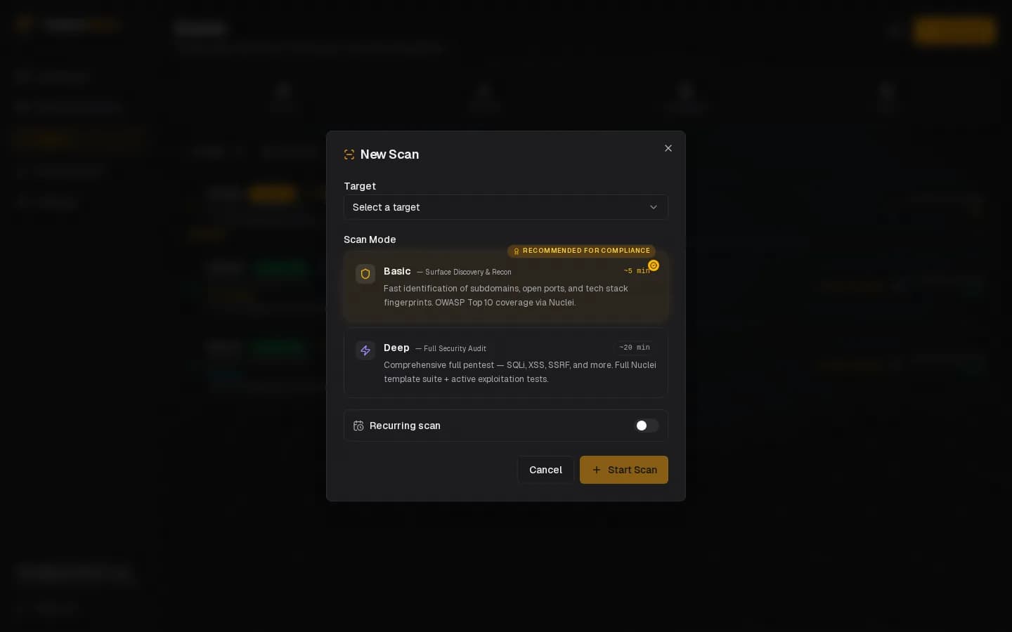 Configure Scan Depth — PentestCheck screenshot